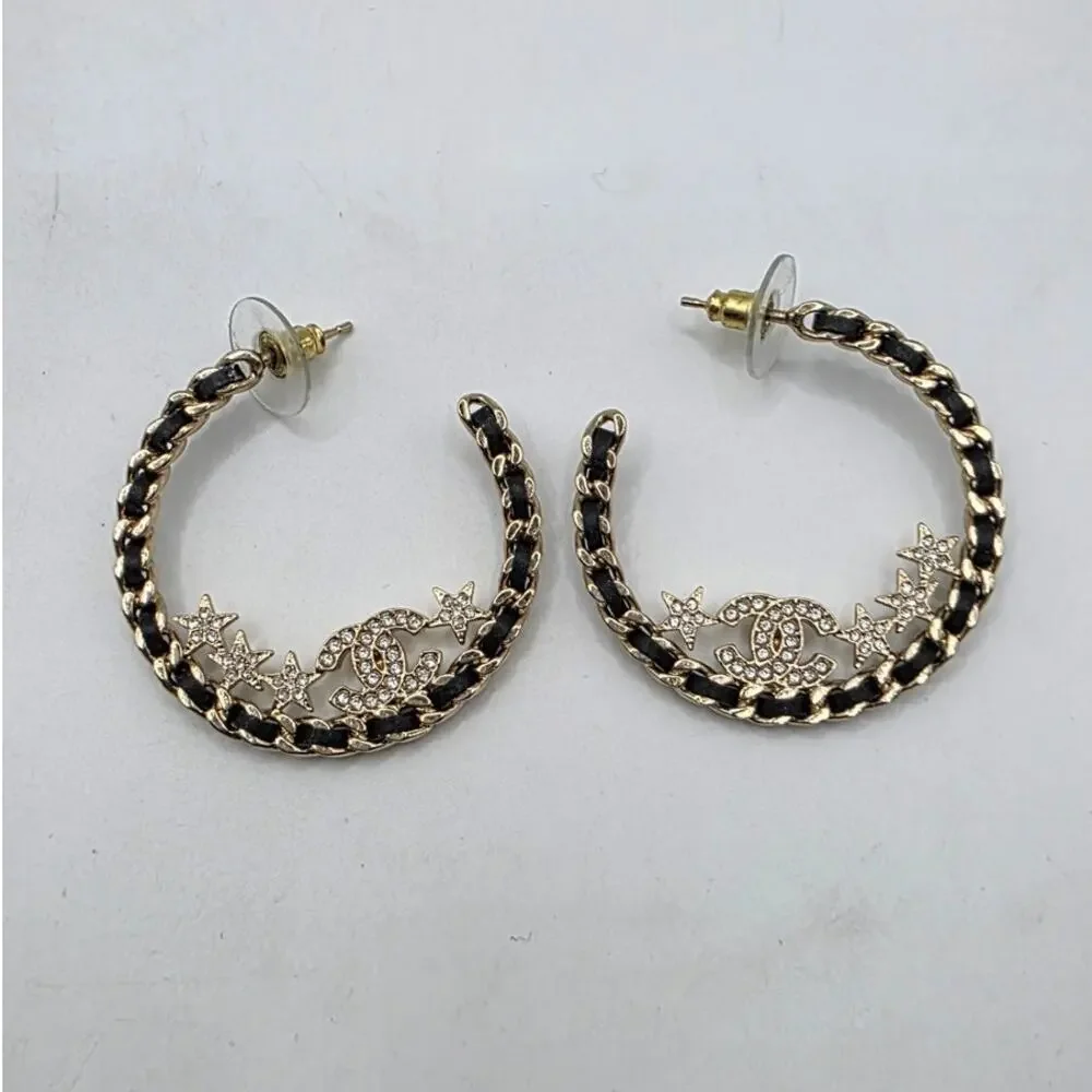 Chanel Gold-tone 2023 Strass Leather Interlocking CC Hoop Earrings